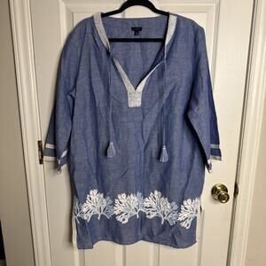 Talbots Women’s Size Medium Blue Embroidered Tunic Dress Beach Cover-Up